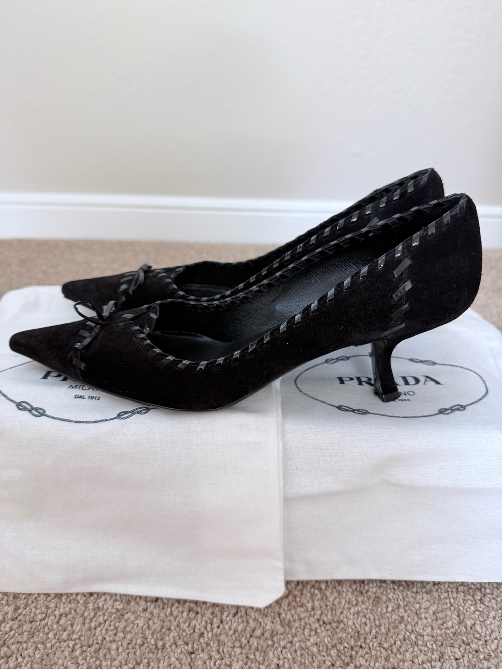 Prada Black Suede Pointed-Toe Kitten Heel Pumps
